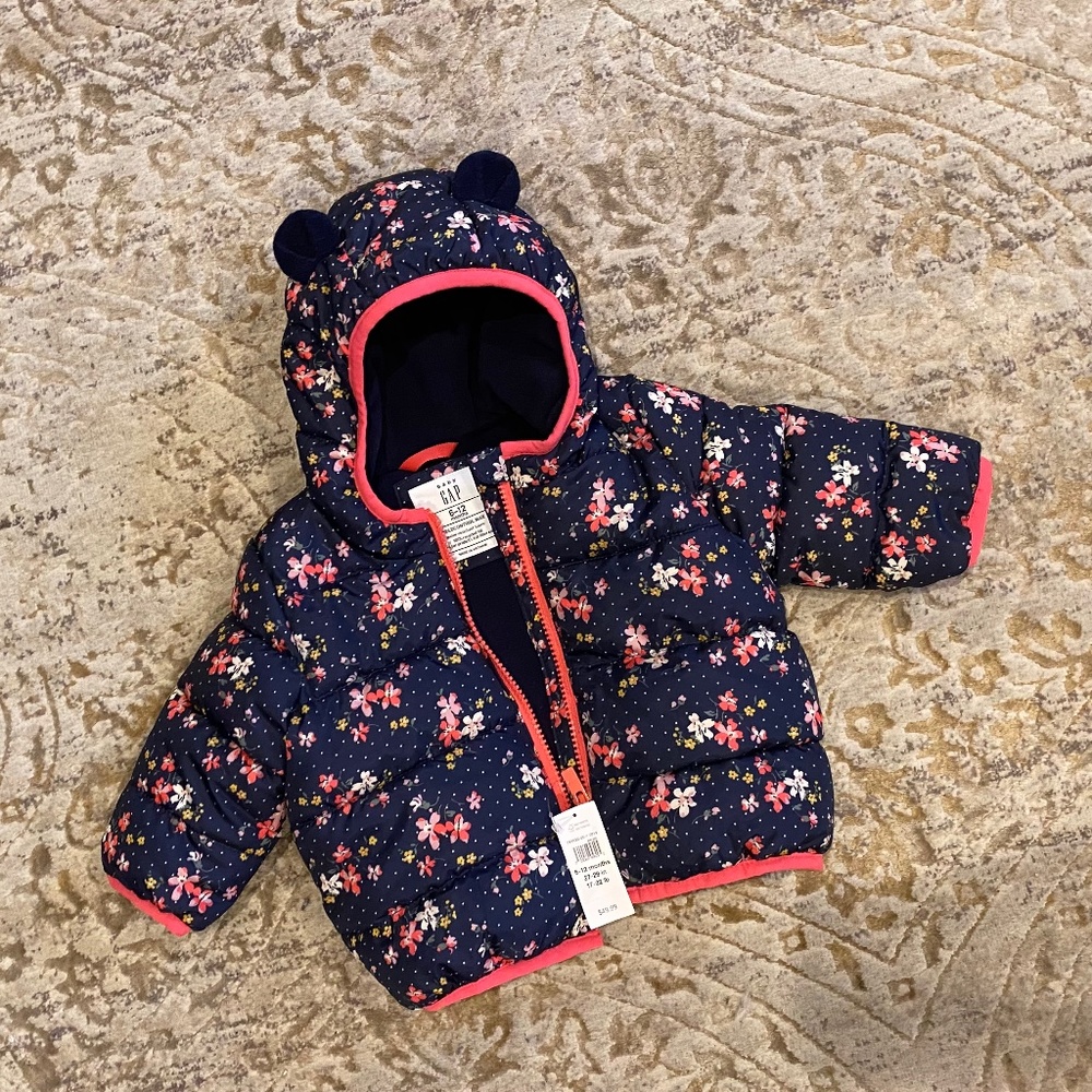 GAP Kids Floral Puffer Jacket - Navy and Pink, 6-12 months